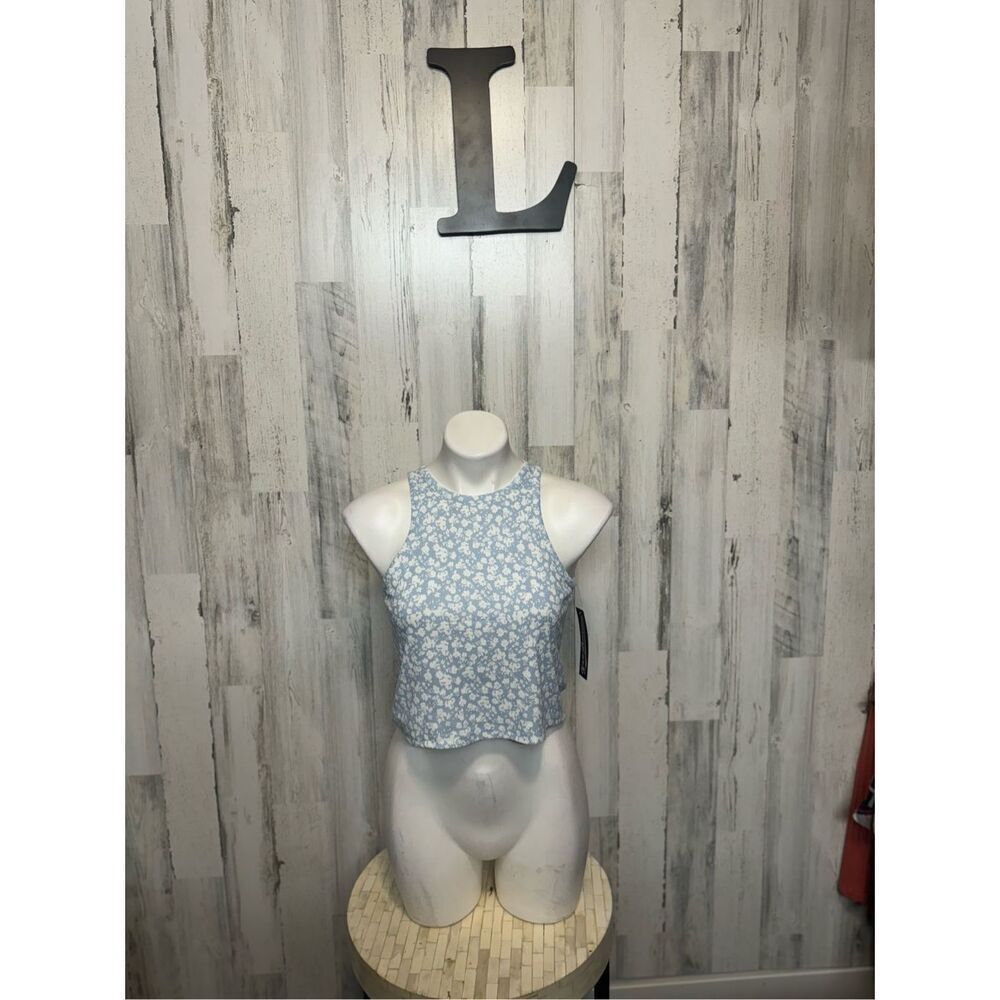Freshman Blue Floral Halter Crop Top Open Back Tie Blouse Size L